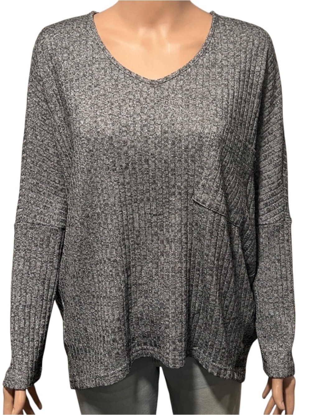 She + Sky Gray Ribbed Knit Blouse
